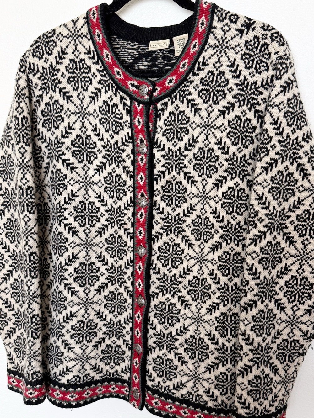 Vintage L.L.Bean 100% Wool Nordic Fair Isle Button Cardigan Sweater L - Picture 3 of 9